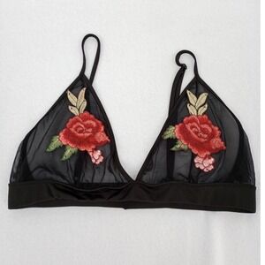 Megan Bralette Women XL Black Floral Embroidered Sheer Mesh Wireless